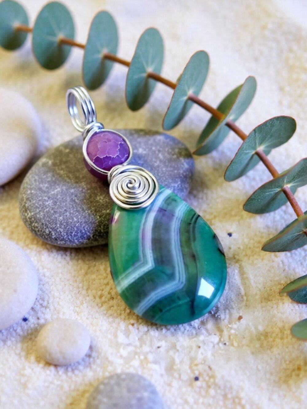 Hand Crafted: Green & Purple Agate Pendant - Orchid Colors!!! Feminine Essence